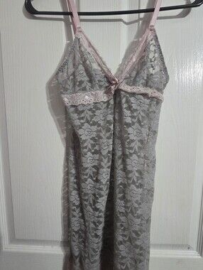 Rampage Gray Lace Chemise with Pink Trim